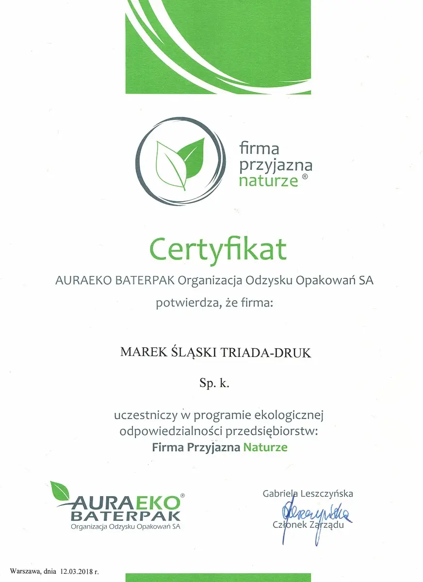 Certyfikat Firma Przyjazna Naturze